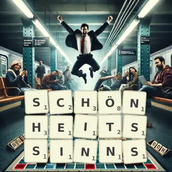 Kreative Illustration für ein Scrabble-Spiel, bei dem das Wort SCHÖNHEITSSINNS mit Steinen auf dem Brett gelegt wurde.