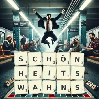 Kreative Illustration für ein Scrabble-Spiel, bei dem das Wort SCHÖNHEITSWAHNS mit Steinen auf dem Brett gelegt wurde.