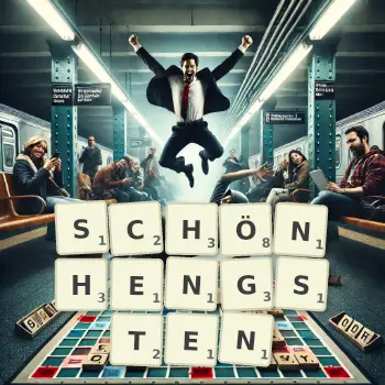 Kreative Illustration für ein Scrabble-Spiel, bei dem das Wort SCHÖNHENGSTEN mit Steinen auf dem Brett gelegt wurde.