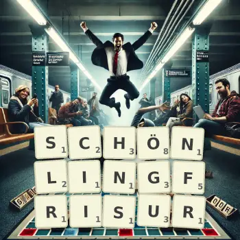 Kreative Illustration für ein Scrabble-Spiel, bei dem das Wort SCHÖNLINGFRISUR mit Steinen auf dem Brett gelegt wurde.