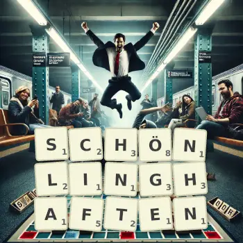 Kreative Illustration für ein Scrabble-Spiel, bei dem das Wort SCHÖNLINGHAFTEN mit Steinen auf dem Brett gelegt wurde.