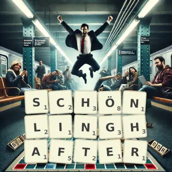 Kreative Illustration für ein Scrabble-Spiel, bei dem das Wort SCHÖNLINGHAFTER mit Steinen auf dem Brett gelegt wurde.