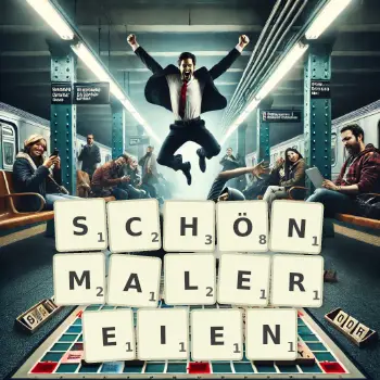 Kreative Illustration für ein Scrabble-Spiel, bei dem das Wort SCHÖNMALEREIEN mit Steinen auf dem Brett gelegt wurde.
