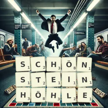 Kreative Illustration für ein Scrabble-Spiel, bei dem das Wort SCHÖNSTEINHÖHLE mit Steinen auf dem Brett gelegt wurde.