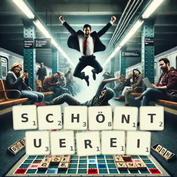 Kreative Illustration für ein Scrabble-Spiel, bei dem das Wort SCHÖNTUEREI mit Steinen auf dem Brett gelegt wurde.
