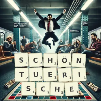 Kreative Illustration für ein Scrabble-Spiel, bei dem das Wort SCHÖNTUERISCHE mit Steinen auf dem Brett gelegt wurde.
