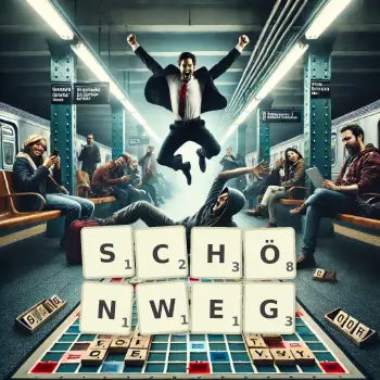 Kreative Illustration für ein Scrabble-Spiel, bei dem das Wort SCHÖNWEG mit Steinen auf dem Brett gelegt wurde.