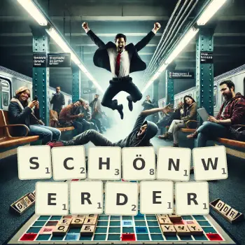 Kreative Illustration für ein Scrabble-Spiel, bei dem das Wort SCHÖNWERDER mit Steinen auf dem Brett gelegt wurde.