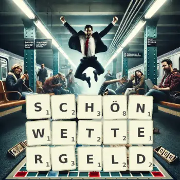 Kreative Illustration für ein Scrabble-Spiel, bei dem das Wort SCHÖNWETTERGELD mit Steinen auf dem Brett gelegt wurde.