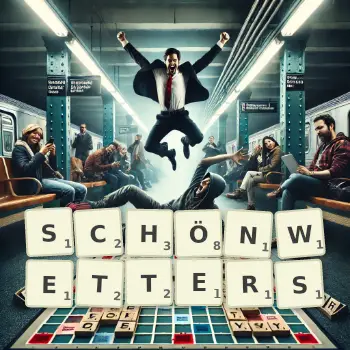 Kreative Illustration für ein Scrabble-Spiel, bei dem das Wort SCHÖNWETTERS mit Steinen auf dem Brett gelegt wurde.