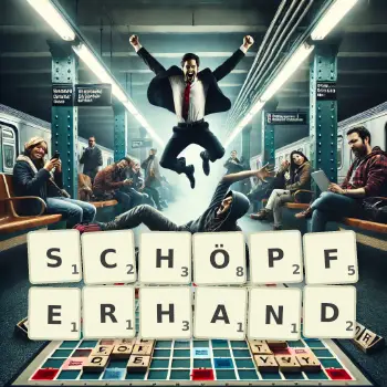 Kreative Illustration für ein Scrabble-Spiel, bei dem das Wort SCHÖPFERHAND mit Steinen auf dem Brett gelegt wurde.