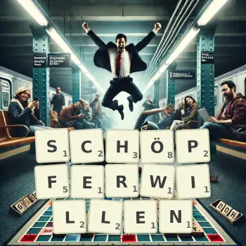 Kreative Illustration für ein Scrabble-Spiel, bei dem das Wort SCHÖPFERWILLEN mit Steinen auf dem Brett gelegt wurde.