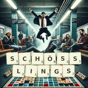 Kreative Illustration für ein Scrabble-Spiel, bei dem das Wort SCHÖSSLINGS mit Steinen auf dem Brett gelegt wurde.