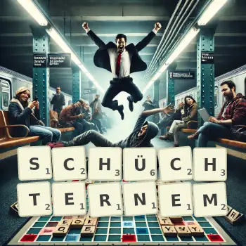 Kreative Illustration für ein Scrabble-Spiel, bei dem das Wort SCHÜCHTERNEM mit Steinen auf dem Brett gelegt wurde.