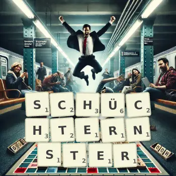 Kreative Illustration für ein Scrabble-Spiel, bei dem das Wort SCHÜCHTERNSTER mit Steinen auf dem Brett gelegt wurde.