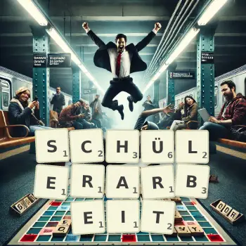 Kreative Illustration für ein Scrabble-Spiel, bei dem das Wort SCHÜLERARBEIT mit Steinen auf dem Brett gelegt wurde.