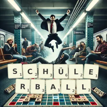 Kreative Illustration für ein Scrabble-Spiel, bei dem das Wort SCHÜLERBALL mit Steinen auf dem Brett gelegt wurde.