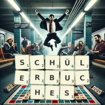 Kreative Illustration für ein Scrabble-Spiel, bei dem das Wort SCHÜLERBUCHES mit Steinen auf dem Brett gelegt wurde.