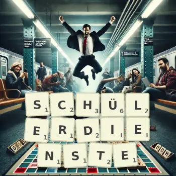Kreative Illustration für ein Scrabble-Spiel, bei dem das Wort SCHÜLERDIENSTE mit Steinen auf dem Brett gelegt wurde.