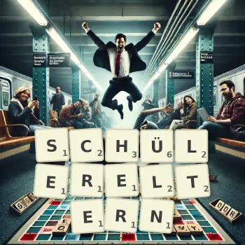 Kreative Illustration für ein Scrabble-Spiel, bei dem das Wort SCHÜLERELTERN mit Steinen auf dem Brett gelegt wurde.