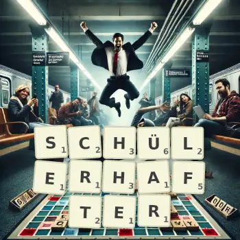 Kreative Illustration für ein Scrabble-Spiel, bei dem das Wort SCHÜLERHAFTER mit Steinen auf dem Brett gelegt wurde.
