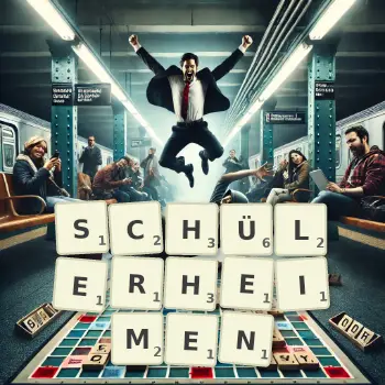 Kreative Illustration für ein Scrabble-Spiel, bei dem das Wort SCHÜLERHEIMEN mit Steinen auf dem Brett gelegt wurde.