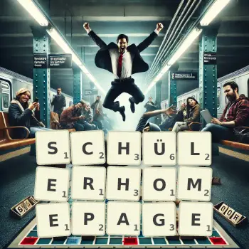 Kreative Illustration für ein Scrabble-Spiel, bei dem das Wort SCHÜLERHOMEPAGE mit Steinen auf dem Brett gelegt wurde.