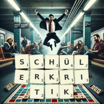 Kreative Illustration für ein Scrabble-Spiel, bei dem das Wort SCHÜLERKRITIK mit Steinen auf dem Brett gelegt wurde.