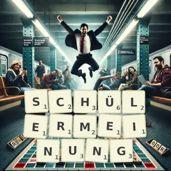 Kreative Illustration für ein Scrabble-Spiel, bei dem das Wort SCHÜLERMEINUNG mit Steinen auf dem Brett gelegt wurde.