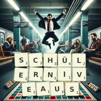 Kreative Illustration für ein Scrabble-Spiel, bei dem das Wort SCHÜLERNIVEAUS mit Steinen auf dem Brett gelegt wurde.