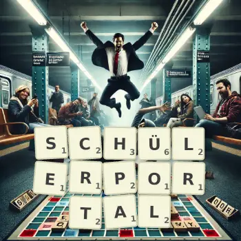 Kreative Illustration für ein Scrabble-Spiel, bei dem das Wort SCHÜLERPORTAL mit Steinen auf dem Brett gelegt wurde.