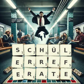 Kreative Illustration für ein Scrabble-Spiel, bei dem das Wort SCHÜLERREFERATE mit Steinen auf dem Brett gelegt wurde.