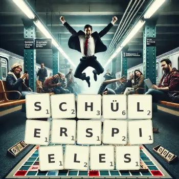 Kreative Illustration für ein Scrabble-Spiel, bei dem das Wort SCHÜLERSPIELES mit Steinen auf dem Brett gelegt wurde.