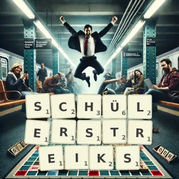Kreative Illustration für ein Scrabble-Spiel, bei dem das Wort SCHÜLERSTREIKS mit Steinen auf dem Brett gelegt wurde.