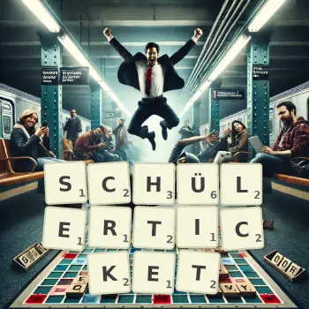Kreative Illustration für ein Scrabble-Spiel, bei dem das Wort SCHÜLERTICKET mit Steinen auf dem Brett gelegt wurde.