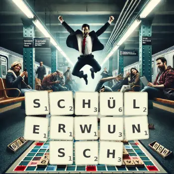 Kreative Illustration für ein Scrabble-Spiel, bei dem das Wort SCHÜLERWUNSCH mit Steinen auf dem Brett gelegt wurde.