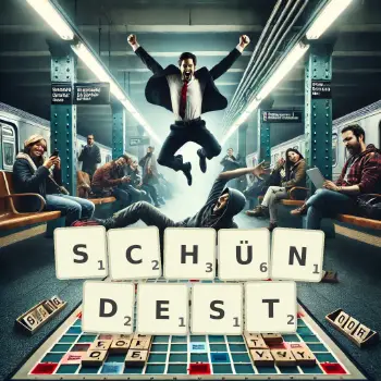 Kreative Illustration für ein Scrabble-Spiel, bei dem das Wort SCHÜNDEST mit Steinen auf dem Brett gelegt wurde.
