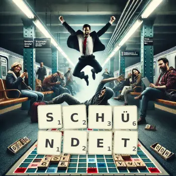 Kreative Illustration für ein Scrabble-Spiel, bei dem das Wort SCHÜNDET mit Steinen auf dem Brett gelegt wurde.