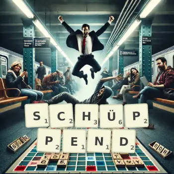 Kreative Illustration für ein Scrabble-Spiel, bei dem das Wort SCHÜPPEND mit Steinen auf dem Brett gelegt wurde.
