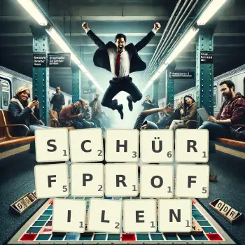 Kreative Illustration für ein Scrabble-Spiel, bei dem das Wort SCHÜRFPROFILEN mit Steinen auf dem Brett gelegt wurde.