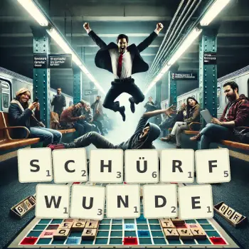 Kreative Illustration für ein Scrabble-Spiel, bei dem das Wort SCHÜRFWUNDE mit Steinen auf dem Brett gelegt wurde.
