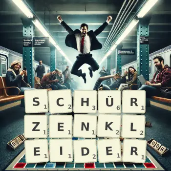 Kreative Illustration für ein Scrabble-Spiel, bei dem das Wort SCHÜRZENKLEIDER mit Steinen auf dem Brett gelegt wurde.