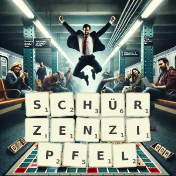 Kreative Illustration für ein Scrabble-Spiel, bei dem das Wort SCHÜRZENZIPFEL mit Steinen auf dem Brett gelegt wurde.