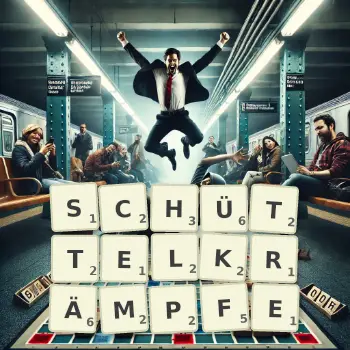 Kreative Illustration für ein Scrabble-Spiel, bei dem das Wort SCHÜTTELKRÄMPFE mit Steinen auf dem Brett gelegt wurde.