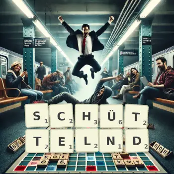 Kreative Illustration für ein Scrabble-Spiel, bei dem das Wort SCHÜTTELND mit Steinen auf dem Brett gelegt wurde.