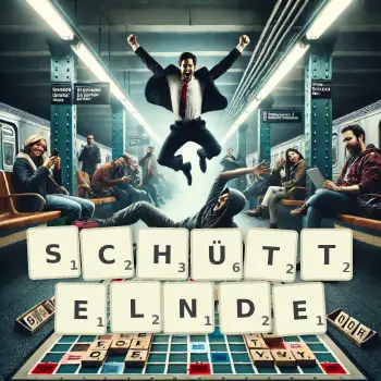 Kreative Illustration für ein Scrabble-Spiel, bei dem das Wort SCHÜTTELNDE mit Steinen auf dem Brett gelegt wurde.