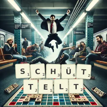 Kreative Illustration für ein Scrabble-Spiel, bei dem das Wort SCHÜTTELT mit Steinen auf dem Brett gelegt wurde.