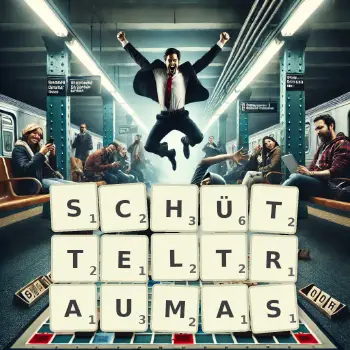 Kreative Illustration für ein Scrabble-Spiel, bei dem das Wort SCHÜTTELTRAUMAS mit Steinen auf dem Brett gelegt wurde.