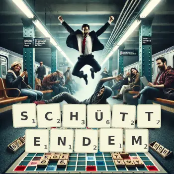 Kreative Illustration für ein Scrabble-Spiel, bei dem das Wort SCHÜTTENDEM mit Steinen auf dem Brett gelegt wurde.