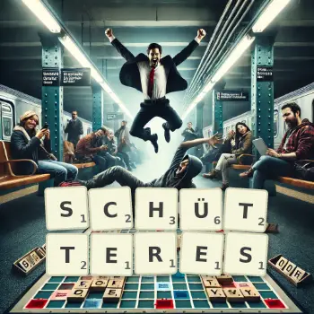Kreative Illustration für ein Scrabble-Spiel, bei dem das Wort SCHÜTTERES mit Steinen auf dem Brett gelegt wurde.